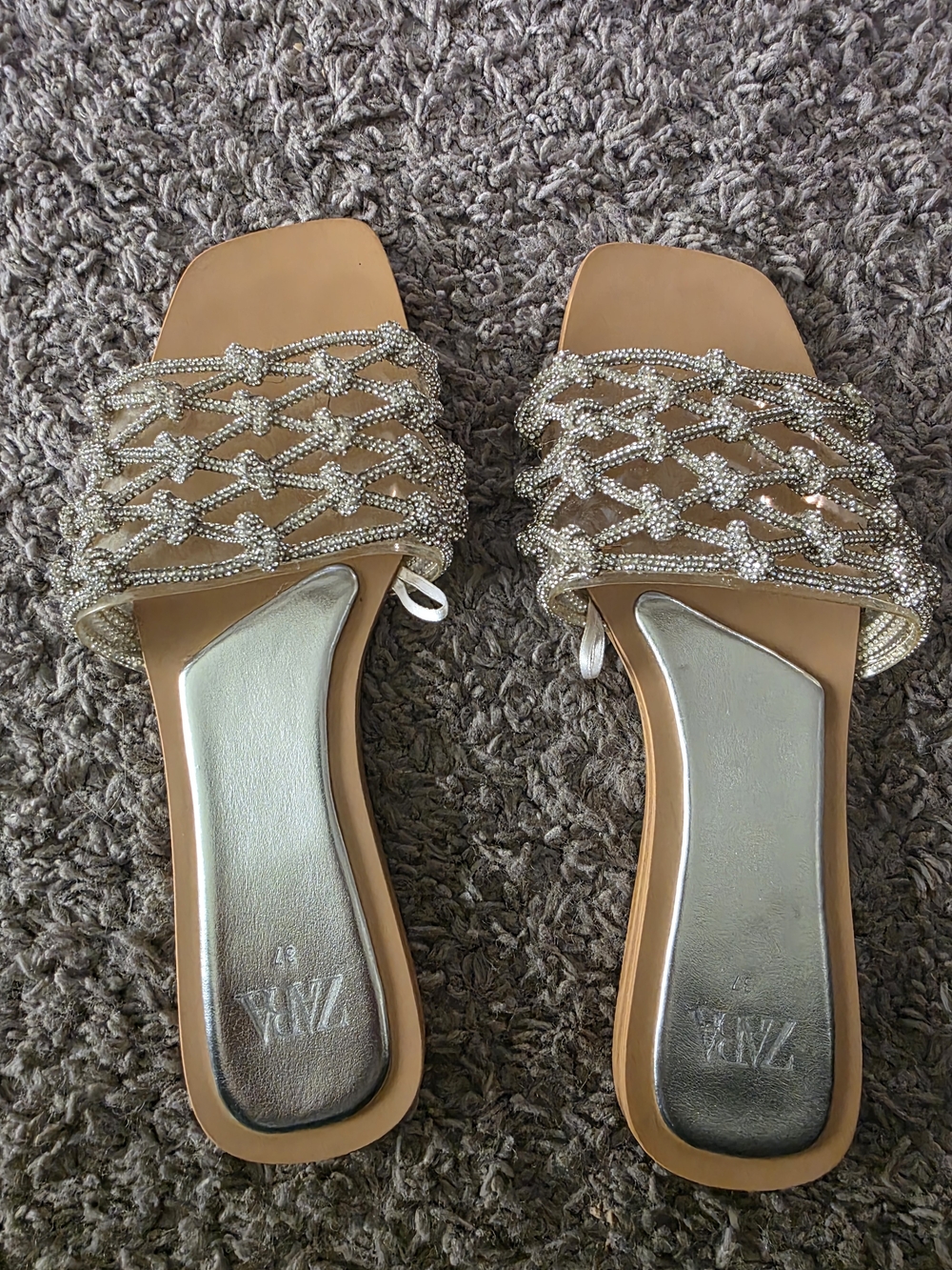 Zara Tan Slide Mules with Silver Beaded Straps